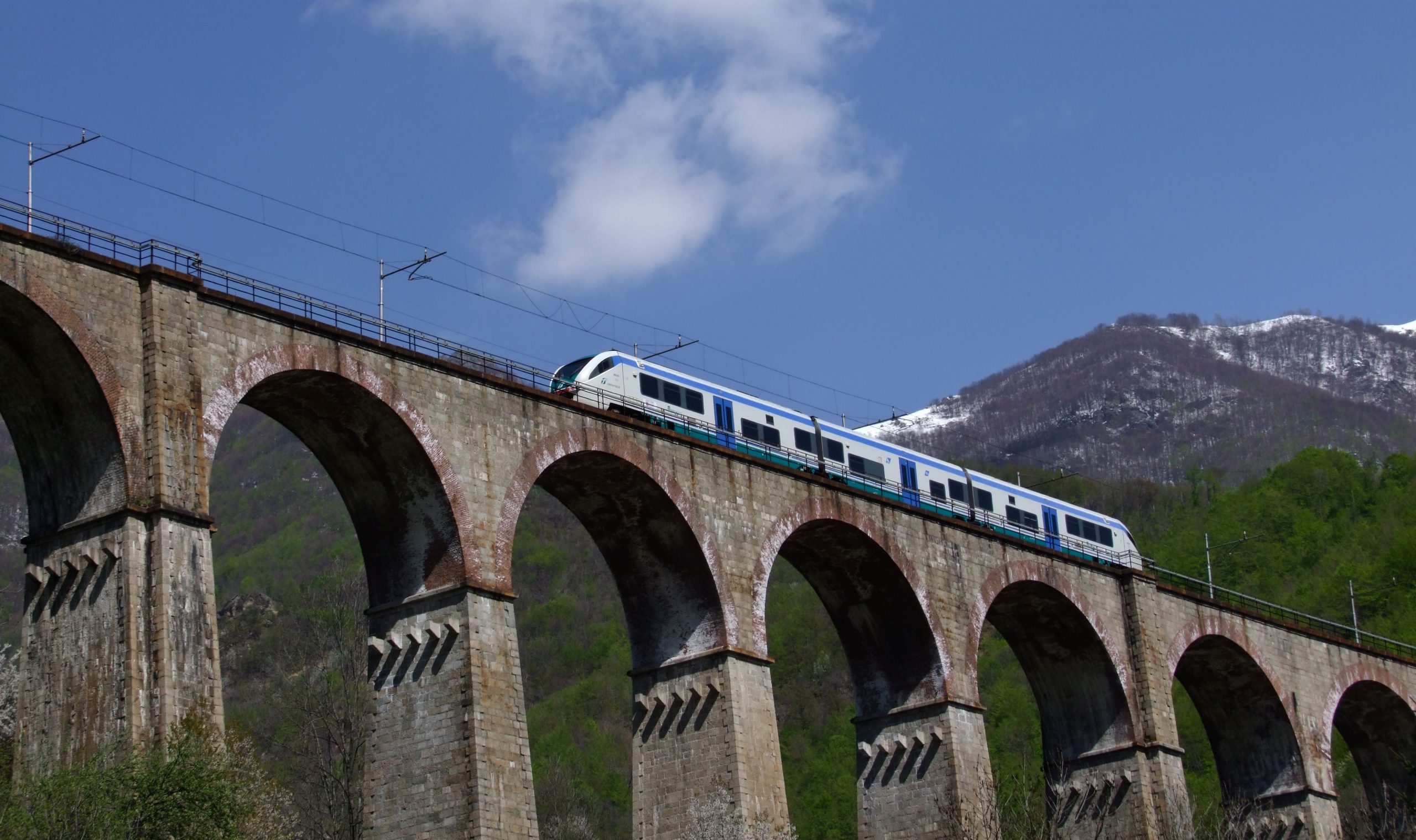 Nell'immagine un treno delle Ferrovie dello Stato sulla linea Cuneo-Ventimiglia mentre passa sul ponte Salet a Vernante.