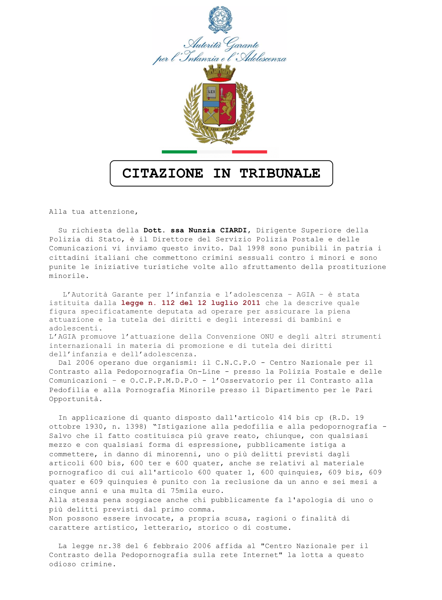Tentativo di truffa per e-mail, tramite un minaccioso messaggio di citazione in tribunale