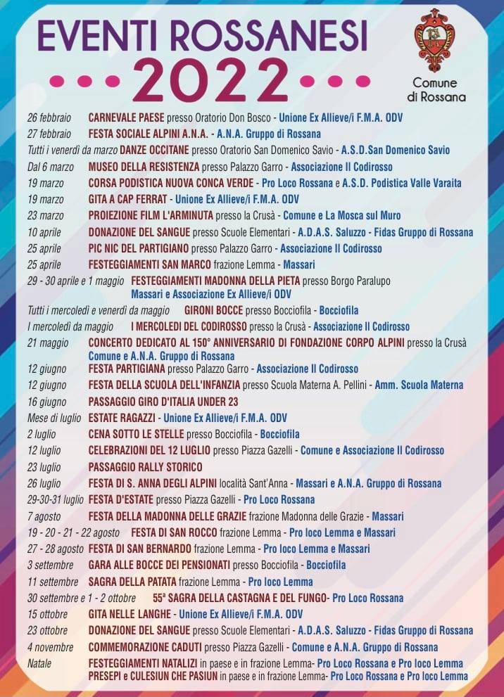 Il calendario degli eventi di Rossana del 2022