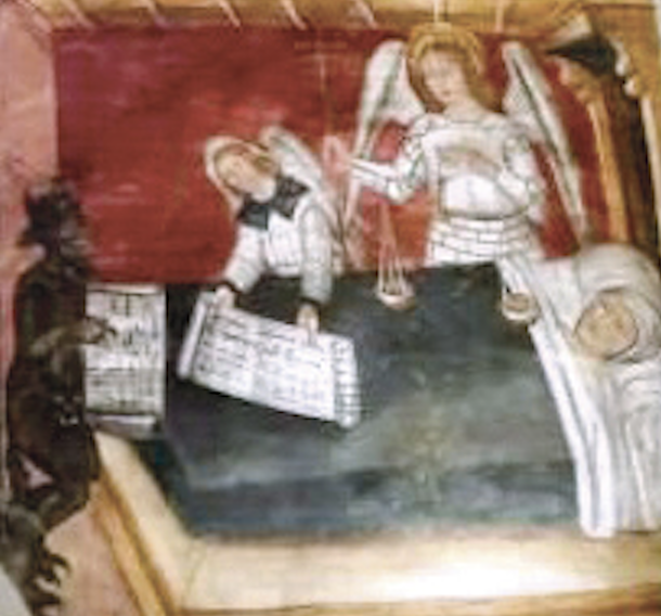 Giudizio particolare; Affresco (particolare); Inizi XVI secolo; Giovanni Botoneri; Cappella Botoneri; Santuario di San Magno; Castelmagno.