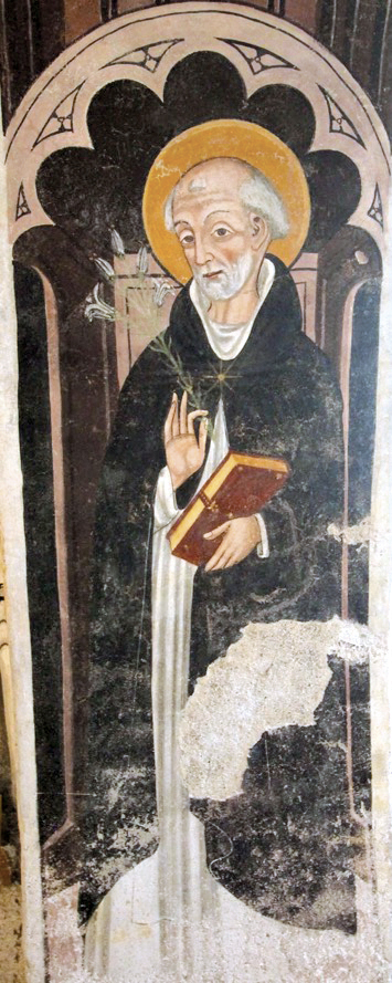 1 - San Tommaso d’Aquino; Affresco; Metà del XV secolo; Ignoto; Cappella di Madonna della Neve; San Michele Mondovì.