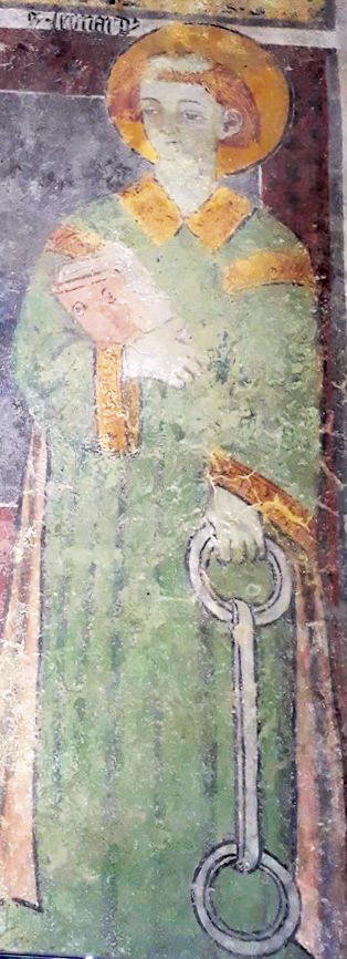 1 - San Leonardo di Noblac; Affresco; Anonimo; XIV secolo; Chiesa di Santa Maria della Valle; Valgrano.