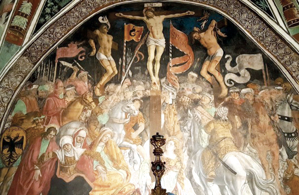 1 - Crocifissione con San Disma; Affresco; Hans Clemer; Fine XV secolo; Parrocchiale di Santa Maria Assunta; Elva.