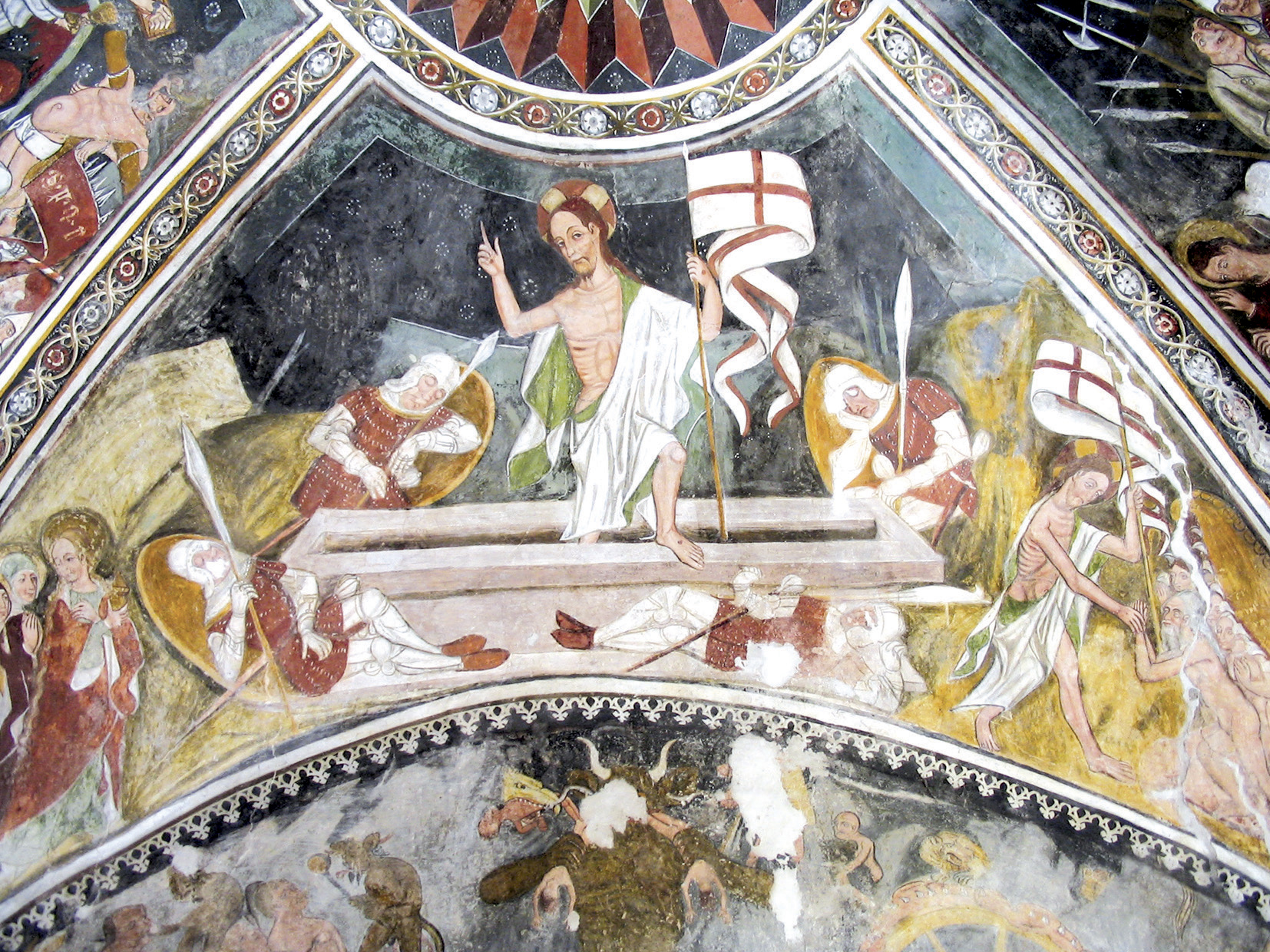 Giovanni Mazzucco (?), Cristo risorto e Cristo al limbo. Castelletto Stura, San Bernardo, ultimo quarto XV secolo. (Foto Aldo Blesio)