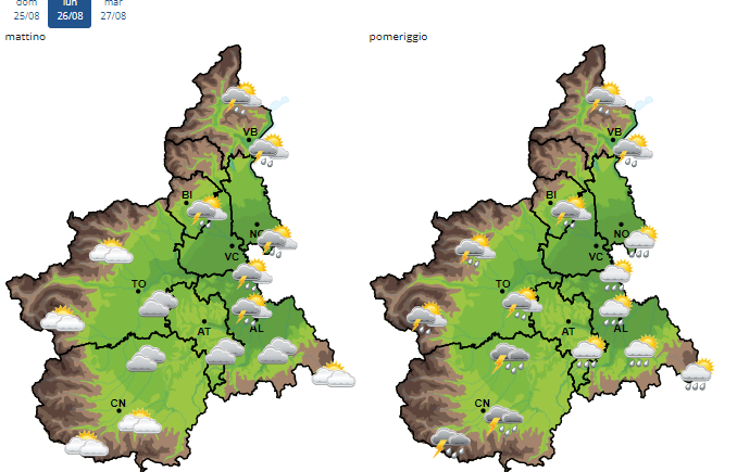 Le previsioni meteo per l’inizio della prossima settimana (26-27 agosto): pioggia e nuvole sulla Granda