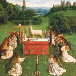 1 - Adorazione dell’agnello, Olio su tavola (particolare), Jan e Hubert van Eyck, 1426-1432, Cattedrale di Saint-Bavon, Gand (Belgio).