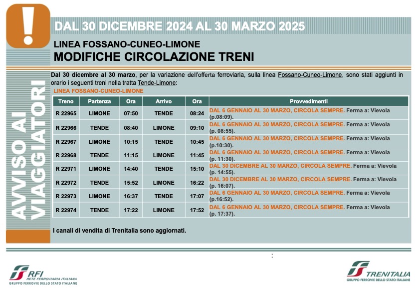 Tabella degli orari Limone-Tenda dal 30 dicembre al 30 marzo