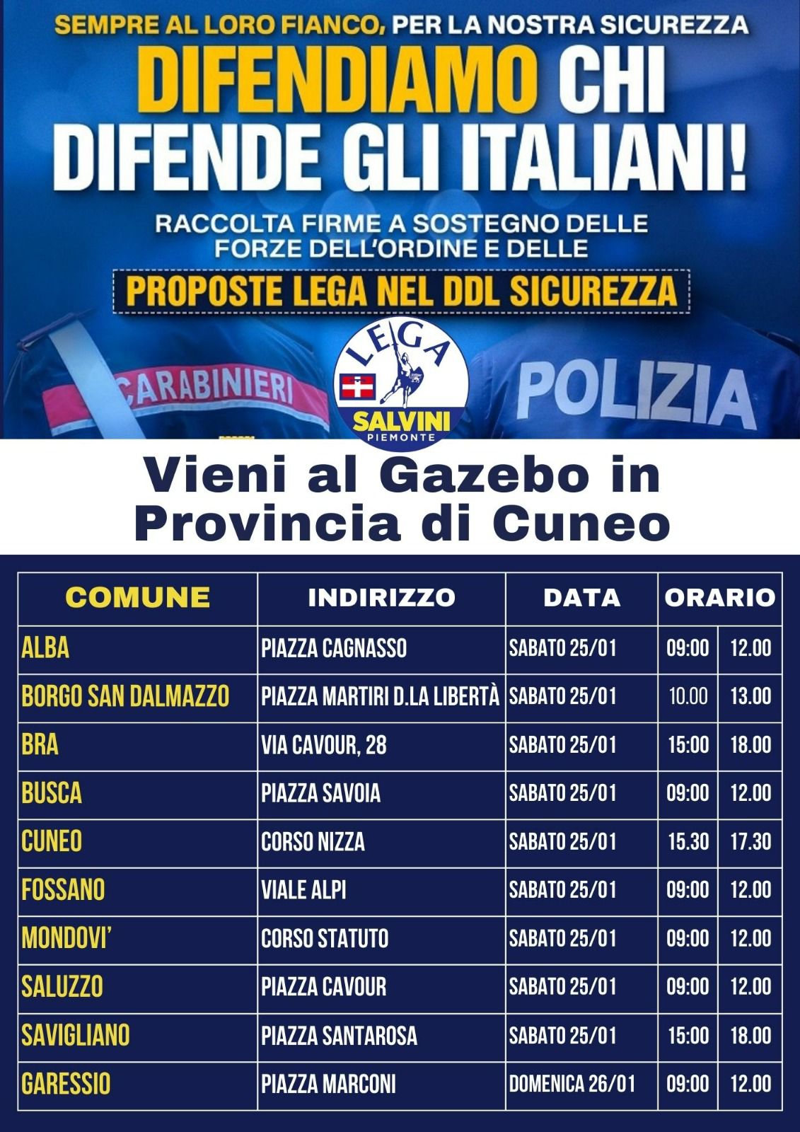 I gazebo della Lega a sostegno delle forze dell’ordine