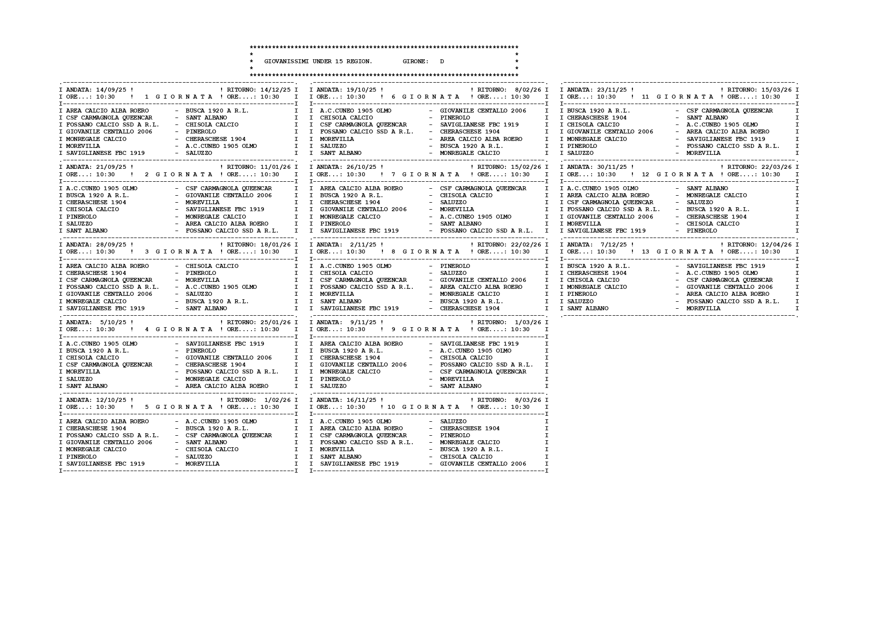 Calendario girone D Under 15