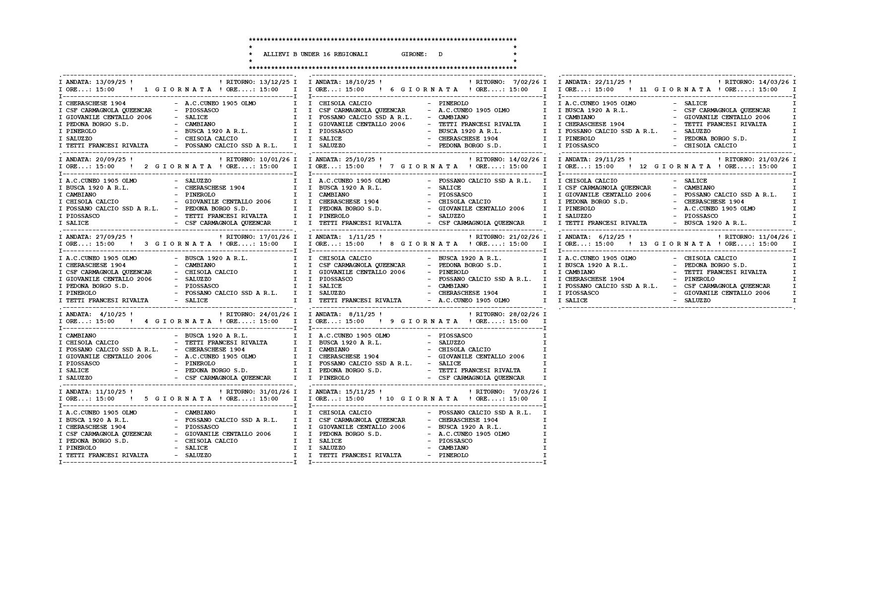Calendario girone D Under 16