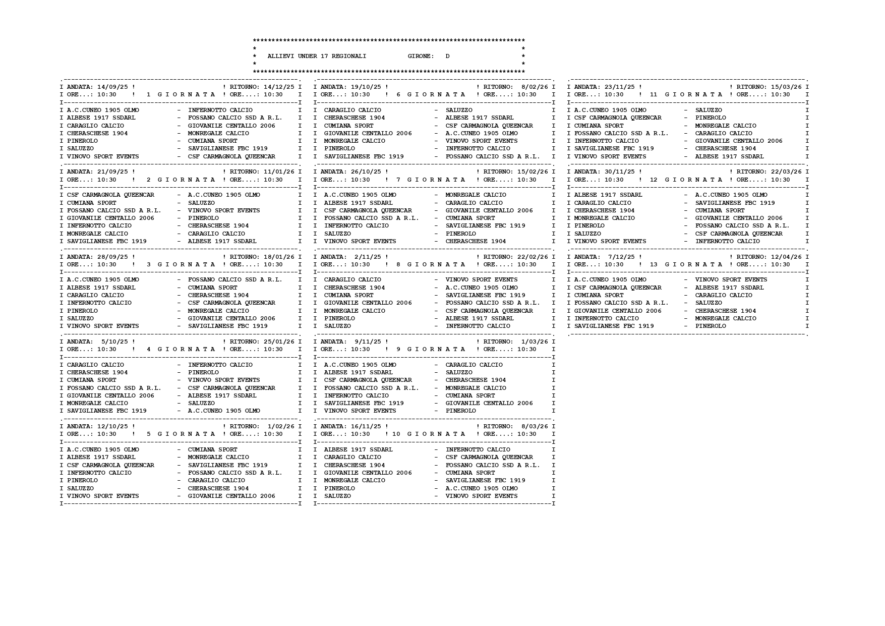 Calendario girone D Under 17